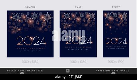 2024 felice anno nuovo buon Natale sfondi social media design con fuochi d'artificio - storie, foto, foto, post di foto, formato personalizzato - vettore Illustrazione Vettoriale