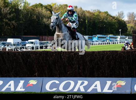 Chepstow, Galles, Regno Unito. Sabato 14 ottobre 2023. Rubato argento e fantino Sam Twiston-Davies vincono il Native River handicap Steeple Chase per l'allenatore Sam Thomas e il proprietario Walters Plant Hire e Potter Group. Credito immagini equine JTW / Alamy Live News Foto Stock