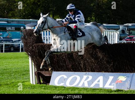 Chepstow, Galles, Regno Unito. Sabato 14 ottobre 2023; al Dancer e jockey Charlie Deutsch vincono il John Ayres Memorial Steeple Chase per l'allenatore Sam Thomas e il proprietario Walters Plant Hire Ltd. Credito immagini equine JTW / Alamy Live News Foto Stock