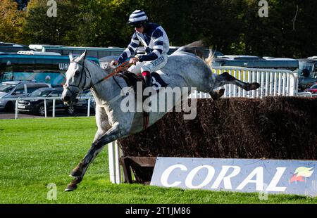 Chepstow, Galles, Regno Unito. Sabato 14 ottobre 2023; al Dancer e jockey Charlie Deutsch vincono il John Ayres Memorial Steeple Chase per l'allenatore Sam Thomas e il proprietario Walters Plant Hire Ltd. Credito immagini equine JTW / Alamy Live News Foto Stock