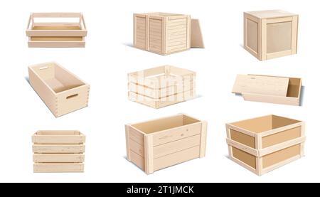 Scatola di legno. Cassa da frutta in legno, pallet 3d, cestello o cassetto, custodia per verdura aperta per la conservazione di generi alimentari. Oggetto di carico per container da magazzino. Attrezzatura di consegna Illustrazione Vettoriale