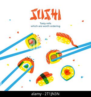 Icone sushi. Pesce asiatico, cucina di gamberi, involtini di salmone, arte culinaria per cena, ristorante di pesce giapponese, menu giapponese. Banner o poster promozionale, soci Illustrazione Vettoriale