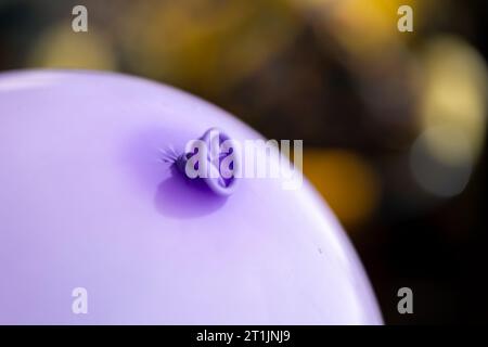 Un ritratto del nodo sopra il labbro e il collo di un palloncino viola. La decorazione festiva e' pronta per essere usata per giocare da bambini o adulti e h Foto Stock