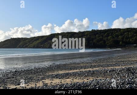 Guarda lungo Oxwich Bay verso la collina ricoperta di alberi, oltre alle rocce e alla sabbia sulla spiaggia in un soleggiato giorno di ottobre a Gower, nel Galles del Sud Foto Stock