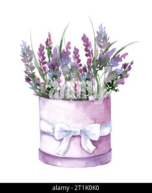 Bouquet di lavanda in una scatola di cappelli vintage. Illustrazione ad acquerello disegnata a mano di fiori viola isolati su sfondo bianco Foto Stock