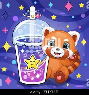 Carino panda rosso cartone animato con bevanda stellare. Illustrazione vettoriale di un animale e una tazza di acqua colorata su uno sfondo blu scuro con stelle e punti. Illustrazione Vettoriale