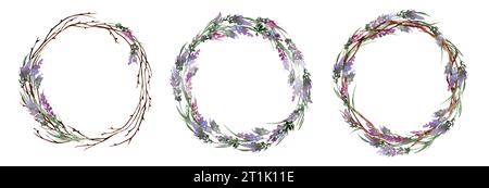 Set di corone tonde ad acquerello con lavanda. Telaio per design isolato su sfondo bianco. Ideale per carte e inviti Foto Stock