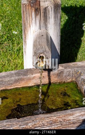 Vasca d'acqua tradizionale in legno, pozzo d'acqua con vaschetta nelle Alpi europee Foto Stock