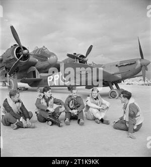 Royal Air Force operazioni in Malta, Gibilterra e il Mediterraneo, 1940-1945. Cinque di base a Malta piloti seduto di fronte a due aerei da combattimento a Luqa. La terza e la quarta da sinistra sono rispettivamente, Wing Commander J K Buchanan, Comandante della n. 272 Squadrone RAF e Wing Commander M M Stephens, leader dell'Hal lontano Fighter Wing, poco prima della fine del suo tour di operazioni. Dietro di loro è Wing Commander P P Hanks' Supermarine Spitfire Mark VC, BR498 'PP-H', che ha volato come leader di Luqa Fighter Wing, parcheggiato di fronte a Bristol Beaufighter di n. 272 Squadrone RAF. Foto Stock