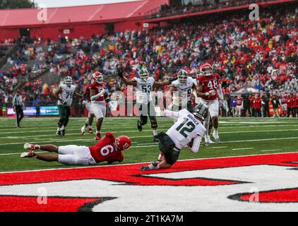 Piscataway, New Jersey, USA. 14 ottobre 2023. Il quarterback dei Michigan State Spartans Katin Houser (12) segnò un touchdown nel secondo quarto durante la partita di football NCAA tra i Michigan State Spartans e i Rutgers Scarlet Knights allo SHI Stadium di Piscataway, NJ. Mike Langish/CSM/Alamy Live News Foto Stock