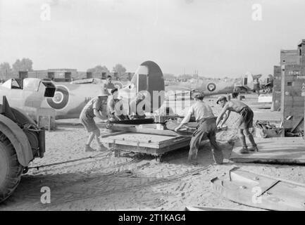 Operazioni della Royal Air Force in Medio Oriente e Nord Africa, 1939-1943. I lavoratori civili disimballano l'elica di un Supermarine Spitfire durante l'assemblaggio dell'aereo da parte dell'unità di manutenzione No.145 all'Aeroporto di CazÃ, Casablanca, Marocco. La maggior parte dei civili impiegati a 145 MU erano rifugiati spagnoli che fuggirono in Nord Africa dopo la vittoria del generale Franco nella guerra civile. Furono imprigionati dai francesi di Vichy ma rilasciati dagli Alleati nel novembre 1942. Foto Stock