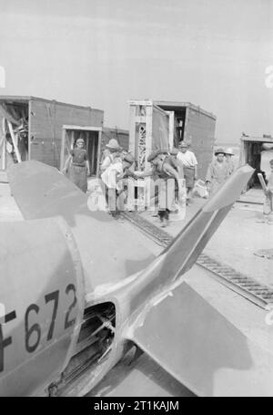 Operazioni della Royal Air Force in Medio Oriente e Nord Africa, 1939-1943. Operai civili che gestivano l'ala di un Supermarine Spitfire Mark VIII fuori dalla sua cassa prima dell'assemblaggio dell'aereo (JF672, visto in primo piano) dall'unità di manutenzione No.145 presso l'aeroporto di CazÃ, Casablanca, Marocco. La maggior parte dei civili impiegati a 145 MU erano rifugiati spagnoli che fuggirono in Nord Africa dopo la vittoria del generale Franco nella guerra civile. Furono imprigionati dai francesi di Vichy ma rilasciati dagli Alleati nel novembre 1942. Foto Stock