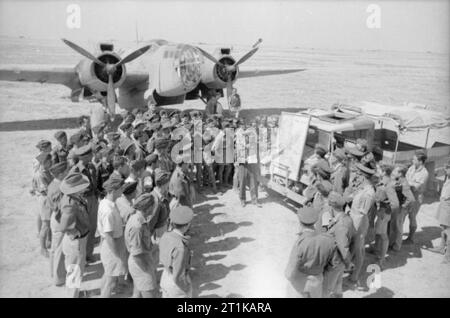 Royal Air Force operazioni in Medio Oriente e Nord Africa, 1939-1943. Wing Commander P le Cheminant (più tardi AIR CHIEF MARSHAL Sir Peter le Cheminant), Commmanding Officer di n. 223 Squadrone RAF, mutandine personale di volo per la finale di bombardamento della campagna nordafricana davanti a Martin Baltimore Mark IIIA a La Fauconnerie Sud, Tunisia; (scena ricostruita dopo l'evento). Il 12 maggio 1943, diciotto Baltimores di n. 55 e 223 Squadrons RAF, guidati da le Cheminant, bombardato i resti del tedesco novantesimo Divisione Luce che aveva rifiutato di cedere le sue difese posizioni vicino Bou Ficha. Foto Stock