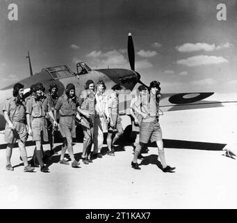 Royal Air Force operazioni in Medio Oriente e Nord Africa, 1939-1943. I piloti di 'B' di volo, n. 33 Squadron RAF seguire il loro comandante dello Squadrone da una delle unità acquisite di recente Hawker Hurricane Mark è a Fuka, Egitto. Essi sono (da sinistra a destra): non identificato, battenti ufficiali C H Dyson, P R Quintin e H J Starret, volo tenente G E Hawkins, sergente J Craig, battenti ufficiali J F Mackie e V C Woodward, Squadron Leader Charles Ryley (OC squadrone). Foto Stock