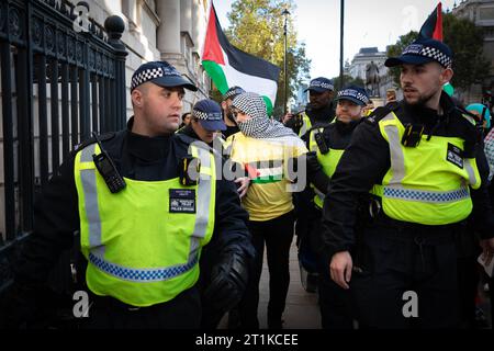 Londra, Regno Unito. 14 ottobre 2023. Un uomo viene arrestato per non aver rimosso la sciarpa durante la protesta. Migliaia di persone escono in solidarietà per marciare per la Palestina. Le proteste sono avvenute in tutto il mondo da quando il conflitto di Israele e Hamas è riacceso una settimana fa, causando già migliaia di morti da quando è iniziato. Crediti: Andy Barton/Alamy Live News Foto Stock