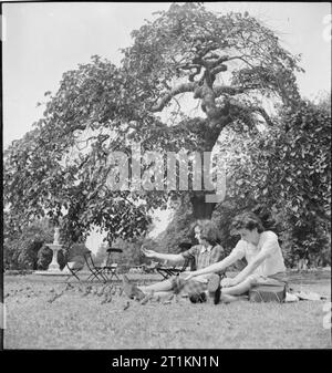 Parchi di Londra - Divertimento e relax nel cuore della città di Londra, Inghilterra, 1943 due lavoratori ufficio alimentare la passeri che essi mangiano il loro pranzo a picnic in Hyde Park. Essi sono qui seduti sul prato sotto il sole, completamente circondato da passeri e la donna sulla sinistra ha anche un passero appollaiato sulla sua mano. Dietro di loro, al di là della struttura ad albero e la fontana, altri lavoratori di guerra e i soldati possono essere visti, godendo il sole durante la pausa pranzo. Foto Stock