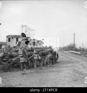 L'esercito britannico in Italia 1944 Fanteria passare un knock-out tedesco PzKpfw IV serbatoio su strada di Faenza, 24 novembre 1944. Foto Stock