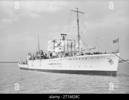 Britannico della classe Halcyon britannica, dragamine HMS Franklin, in una boa sul fiume Medway. Foto Stock