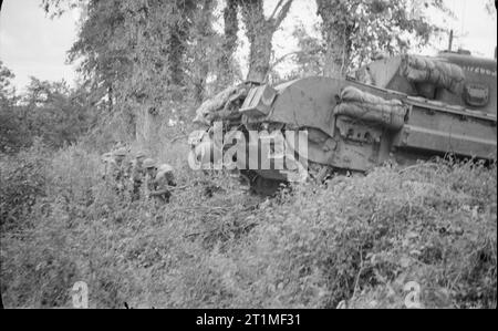 Carri inglesi Nw Europa 1944-45 Fanteria del xv divisione con un serbatoio di Churchill del 7 Royal reggimento serbatoio (31 vigili del serbatoio) durante il funzionamento Epsom, Normandia, 28 giugno 1944. Foto Stock