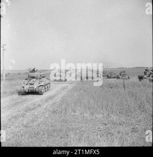 L'Esercito Polacco nella campagna di Normandia, 1944 Sherman e Cromwell serbatoi del primo polacco divisione corazzata in movimento all'inizio dell'operazione "Totalise'. Foto Stock