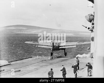 Fleet Air Arm prove, a bordo della HMS vittoriosa. 23-25 settembre 1942. Un Fairey Barracuda il Fleet Air Arm più recente del siluro-bomber di decollare. Foto Stock