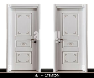 Moderna porta in legno a due ingressi frontali negli interni della casa Foto Stock