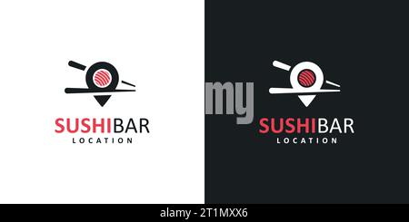 Modello di design del logo per individuare la posizione con disegno astratto di sushi e bacchette, illustrazione grafica vettoriale. Simbolo, icona, creativo. Illustrazione Vettoriale