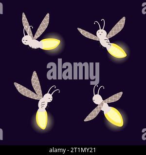 Firefly impostato. Illustrazione vettoriale dello scarabeo dei cartoni animati. Buffi insetti Illustrazione Vettoriale