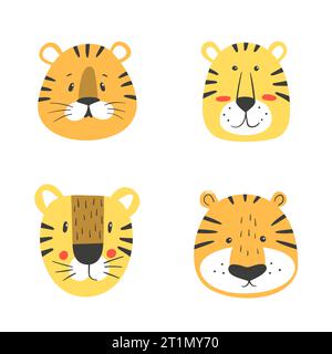 Set di simpatiche tigri cartoni animati. Buffi teste di animali. Illustrazione vettoriale delle facce della tigre Illustrazione Vettoriale