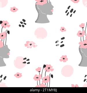 Motivo trendy senza cuciture con visi e fiori astratti da donna. Sfondo floreale vettoriale Illustrazione Vettoriale