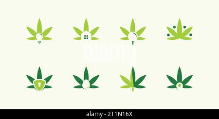 Collezione di modelli con logo a foglia di marijuana con varie combinazioni, illustrazioni grafiche vettoriali. Simbolo, icona, creativo. Illustrazione Vettoriale