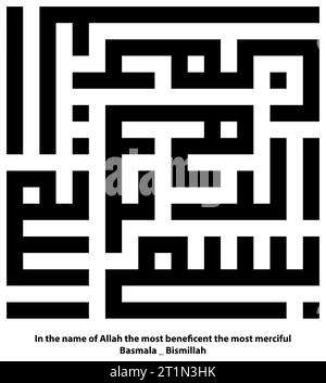 Kufic o kufi Islamic Calligraphy per Basmala Bismillah in nero. La calligrafia dei simboli neri scrive nel nome di Allah il più benefico, il più me Foto Stock