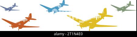 Colorato motivo a ripetizione di 5 silhouette DC-47 Troop Carrier in volo Illustrazione Vettoriale