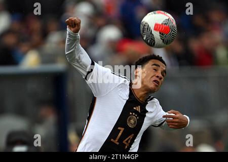 East Hartford, Stati Uniti. 14 ottobre 2023. Calcio: Internazionale, USA - Germania, Pratt & Whitney Stadium presso il Rentschler Field. Il tedesco Jamal Musiala gioca la palla. Credito: Federico Gambarini/dpa/Alamy Live News Foto Stock