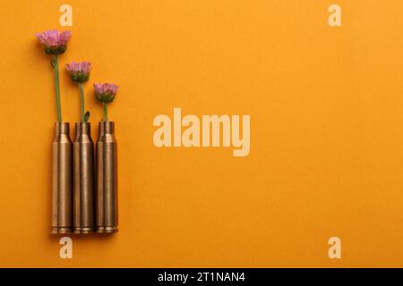 Bellissimi fiori in astucci di proiettile su sfondo arancione, giacenza piatta. Spazio per il testo Foto Stock