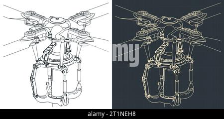 Illustrazione vettoriale stilizzata dei progetti del meccanismo del rotore principale dell'elicottero Illustrazione Vettoriale