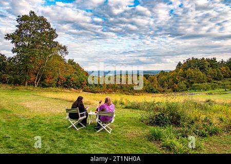 Un grande pascolo affacciato sul lago artificiale di Quabbin a New Salem, Massachusetts Foto Stock