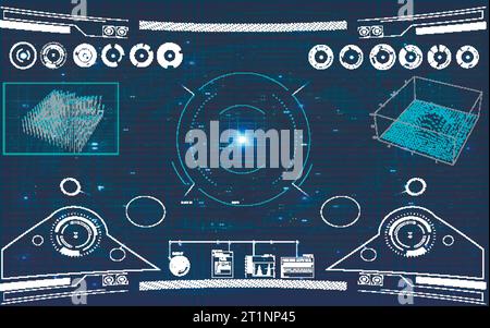 Display HUD avanzato: Elementi tecnologici di fantascienza in un design radar high-tech. Illustrazione Vettoriale