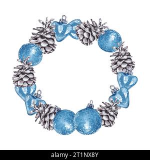 Cornice rotonda natalizia fatta di giocattoli blu e coni di pino. Decorazione natalizia per l'albero, simbolo delle vacanze invernali.Marker e acquerello Foto Stock