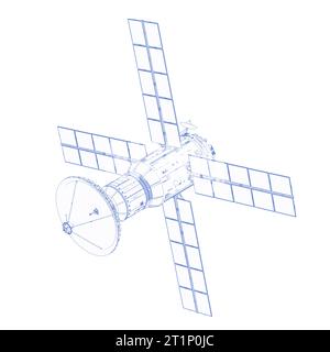 parabola satellitare con contorno blu di rendering 3d con pannello solare isolato su sfondo bianco Foto Stock