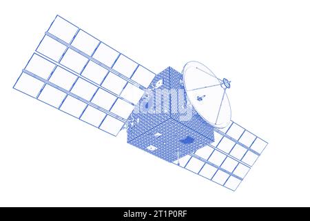 parabola satellitare con contorno blu di rendering 3d con pannello solare isolato su sfondo bianco Foto Stock