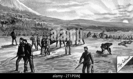 Le truppe coloniali si ritirano da un attacco a pa nelle guerre terrestri Maori a Taranaki in nuova Zelanda negli anni '1860 Foto Stock