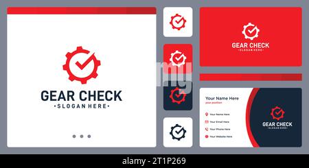 Modello di design del logo Gear con segno di spunta disegno grafico del logo illustrazione vettoriale. Simbolo, icona, creativo. Illustrazione Vettoriale