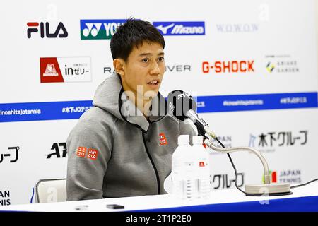 Tokyo, Giappone. 15 ottobre 2023. Il tennista professionista giapponese Kei NISHIKORI parla durante una conferenza stampa per il Kinoshita Group Japan Open Tennis Championships 2023 all'Ariake Coliseum. Questo è il torneo ATP Tour più longevo in Asia, tenuto per la prima volta nel 1972. Il torneo si svolge dal 16 al 22 ottobre. (Immagine di credito: © Rodrigo Reyes Marin/ZUMA Press Wire) SOLO USO EDITORIALE! Non per USO commerciale! Crediti: ZUMA Press, Inc./Alamy Live News Foto Stock