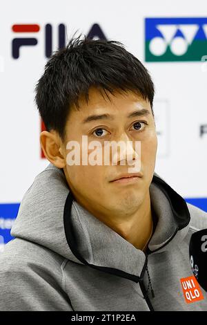 Tokyo, Giappone. 15 ottobre 2023. Il tennista professionista giapponese Kei NISHIKORI partecipa a una conferenza stampa durante il Kinoshita Group Japan Open Tennis Championships 2023 all'Ariake Coliseum. Questo è il torneo ATP Tour più longevo in Asia, tenuto per la prima volta nel 1972. Il torneo si svolge dal 16 al 22 ottobre. (Immagine di credito: © Rodrigo Reyes Marin/ZUMA Press Wire) SOLO USO EDITORIALE! Non per USO commerciale! Crediti: ZUMA Press, Inc./Alamy Live News Foto Stock