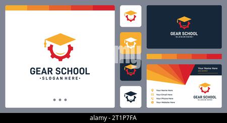 Modello con logo Gear con logo bachelor's Hat logo design grafico illustrazione vettoriale. Simbolo, icona, creativo. Illustrazione Vettoriale