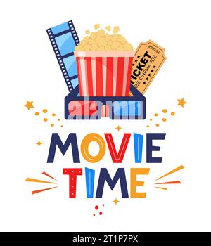 Scrittura disegno manuale tempo filmato. Modello creativo per poster cinematografici, banner. Concetto di tempo cinematografico con elementi cinematografici. Illustrazione vettoriale Illustrazione Vettoriale