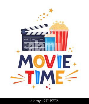 Scrittura disegno manuale tempo filmato. Modello creativo per poster cinematografici, banner. Concetto di tempo cinematografico con elementi cinematografici. Illustrazione vettoriale Illustrazione Vettoriale