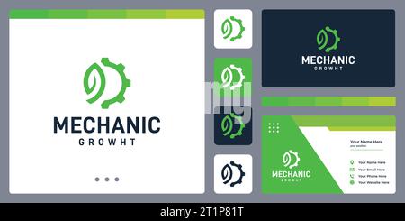 logo gear e forma a foglia. icone per aziende, automobili, lusso, eleganti, semplici, e crescita Illustrazione Vettoriale