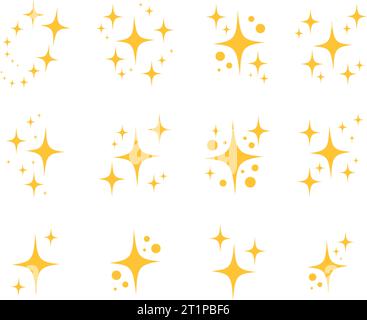 Set di scintille gialle, stelle scintillanti, brillanti flash di fuochi d'artificio. Collezione Original Stars. Illustrazione vettoriale Illustrazione Vettoriale